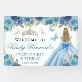 Blue Dress Blonde Hair Princess Floral Birthday 横断幕