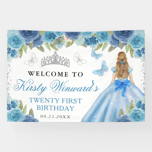 Blue Dress Blonde Hair Princess Floral Birthday 横断幕 (横)