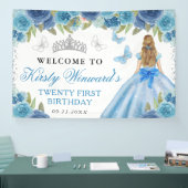 Blue Dress Blonde Hair Princess Floral Birthday 横断幕 (トレードショー)