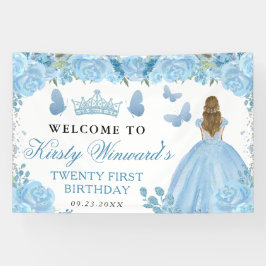 Blue Dress Blonde Haired Princess Floral Birthday 横断幕