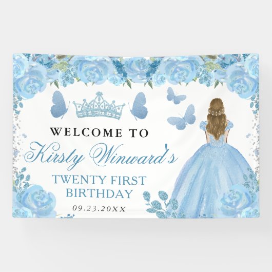 Blue Dress Blonde Haired Princess Floral Birthday 横断幕 (横)
