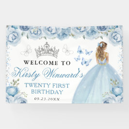 Blue Dress Blonde Princess Floral Birthday 横断幕