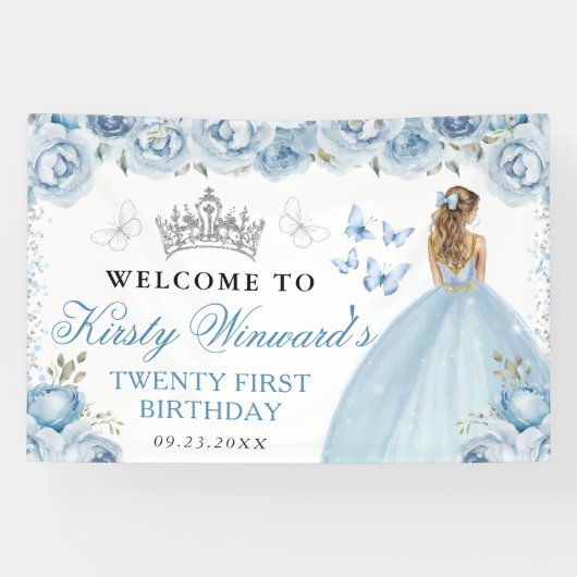 Blue Dress Blonde Princess Floral Birthday 横断幕 (横)
