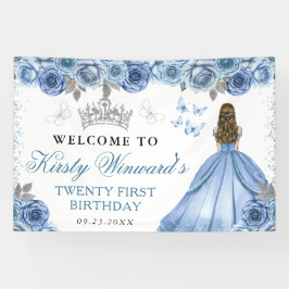 Blue Dress Blonde Princess Floral Birthday 横断幕