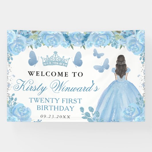 Blue Dress Brunette Princess Floral Birthday 横断幕 (横)