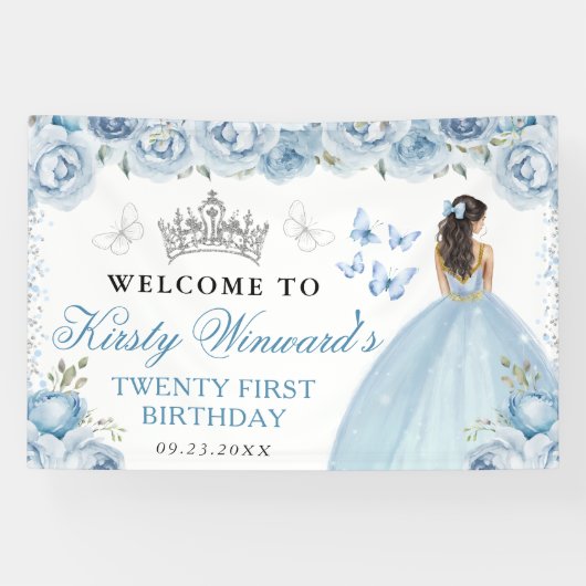 Blue Dress Brunette Princess Floral Birthday 横断幕 (横)