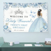 Blue Dress Brunette Princess Floral Birthday 横断幕 (トレードショー)