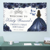 Blue Dress Brunette Princess Floral Birthday 横断幕 (トレードショー)