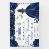 Blue Dress Brunette Princess Floral Birthday 横断幕 (縦)