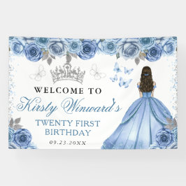 Blue Dress Brunette Princess Floral Birthday 横断幕
