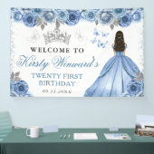 Blue Dress Brunette Princess Floral Birthday 横断幕 (トレードショー)