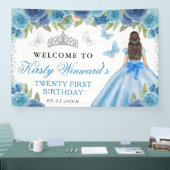 Blue Dress Brunette Princess Floral Birthday 横断幕 (トレードショー)