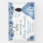 Blue Dress Dark Skin Princess Floral Birthday 横断幕 (縦)