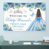 Blue Dress Dark Skin Princess Floral Birthday 横断幕 (トレードショー)