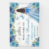 Blue Dress Dark Skin Princess Floral Birthday 横断幕 (縦)