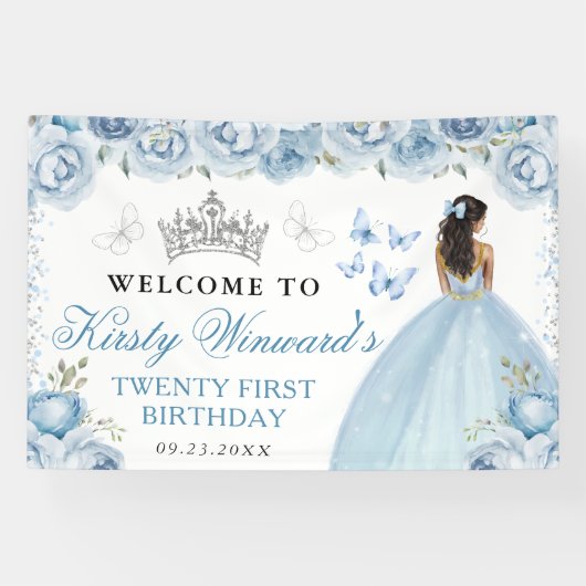 Blue Dress Dark Skin Princess Floral Birthday 横断幕 (横)