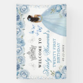 Blue Dress Dark Skin Princess Floral Birthday 横断幕 (縦)
