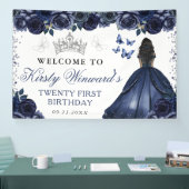 Blue Dress Dark Skin Princess Floral Birthday 横断幕 (トレードショー)