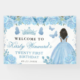 Blue Dress Dark Skin Princess Floral Birthday 横断幕