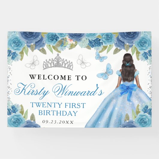 Blue Dress Dark Skin Princess Floral Birthday 横断幕 (横)