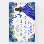 Blue Dress Dark Skin Princess Floral Birthday 横断幕 (縦)