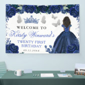 Blue Dress Dark Skin Princess Floral Birthday 横断幕 (トレードショー)