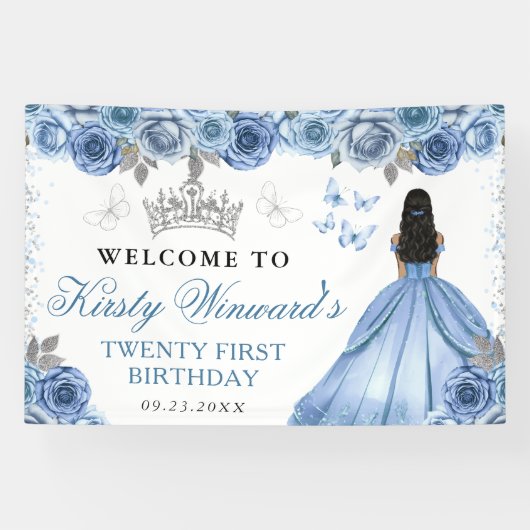 Blue Dress Dark Skin Princess Floral Birthday 横断幕 (横)