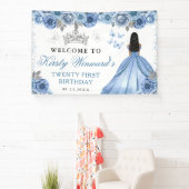 Blue Dress Dark Skin Princess Floral Birthday 横断幕 (インサイチュ)