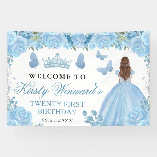 Blue Dress Red Haired Princess Floral Birthday 横断幕 (横)