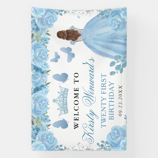 Blue Dress Red Haired Princess Floral Birthday 横断幕 (縦)