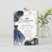 Blue Dress,Roses,Gold Butterflies Quinceañera 招待状 (スタンド正面)