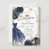 Blue Dress,Roses,Gold Butterflies Quinceañera 招待状 (正面)