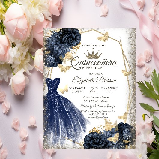 Blue Dress,Roses,Gold Butterflies Quinceañera 招待状