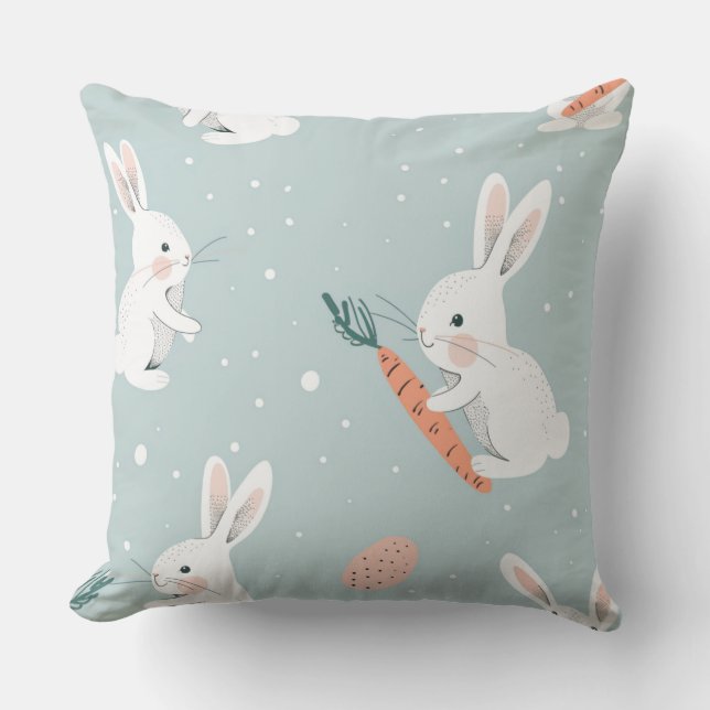 Blue Easter with Bunny & Carrot Throw Pillow アウトドアクッション (正面)