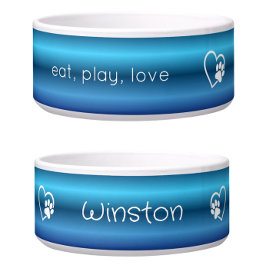 Blue 'eat, play, love' Dog Name Bowl ボウル