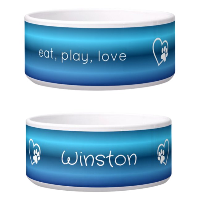 Blue 'eat, play, love' Dog Name Bowl ボウル (クリエイターアップロード済み)