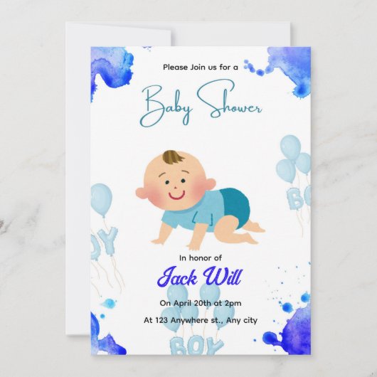 BLUE Editable Baby BOY Baby Shower Invitation 招待状 (正面)