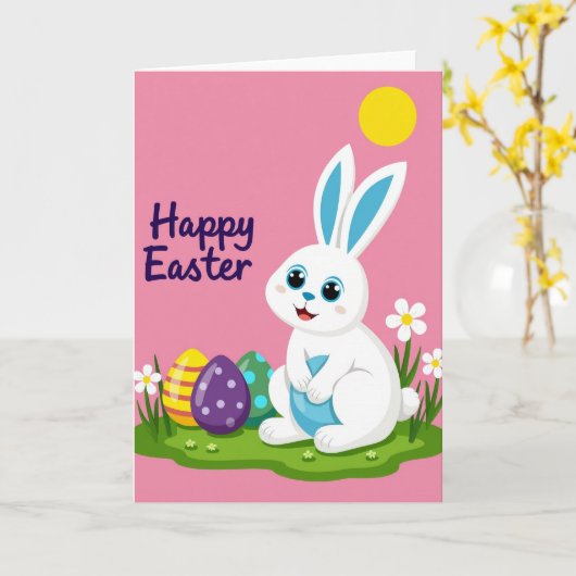 Blue Egg Bunny Pattern Holiday Card カード (黄色い花)