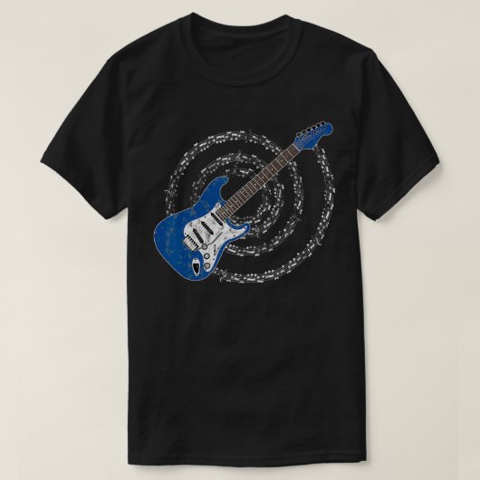 Blue Electric Guitar Spiraling Musical Notes Tシャツ (デザイン正面)