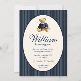 Blue Elegant Babys First Birthday Teddy Bear Invit 招待状