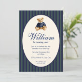 Blue Elegant Babys First Birthday Teddy Bear Invit 招待状 (スタンド正面)