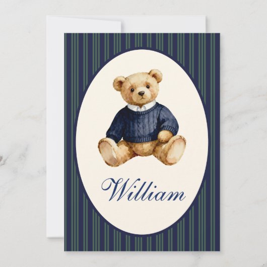 Blue Elegant Babys First Birthday Teddy Bear Invit 招待状 (裏面)