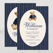 Blue Elegant Babys First Birthday Teddy Bear Invit 招待状 (正面/裏面)