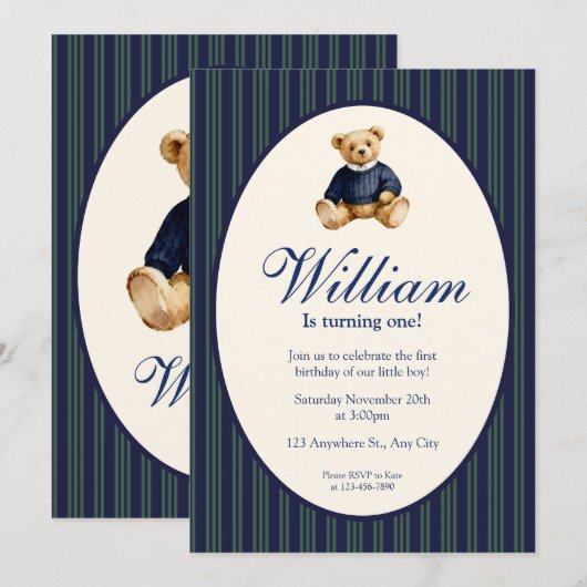 Blue Elegant Babys First Birthday Teddy Bear Invit 招待状 (正面/裏面)