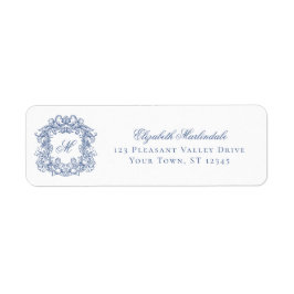 Blue Elegant Crest Monogram Wedding Return Address ラベル