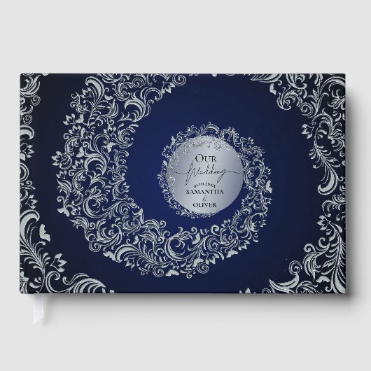 Blue Elegant Damask Wedding ゲストブック (正面)