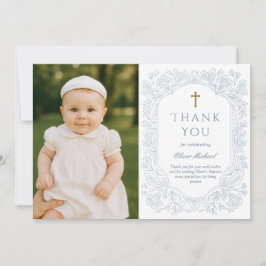 Blue Elegant Floral Baptism Thank You Card 招待状