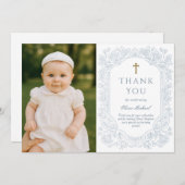 Blue Elegant Floral Baptism Thank You Card 招待状 (正面/裏面)