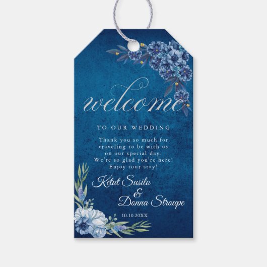 Blue Elegant floral summer wedding ギフトタグ (正面)