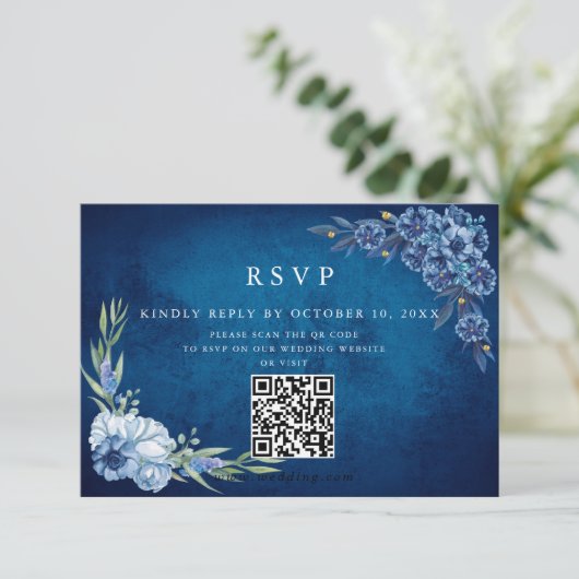 Blue Elegant floral summer wedding 出欠カード (スタンド正面)